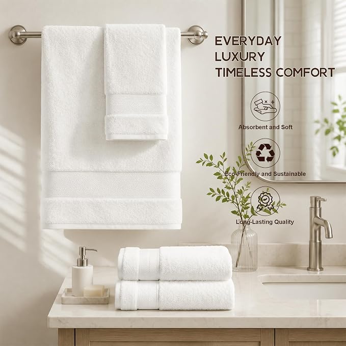 Marvione Bath Towels Set 6 Piece, 100% Turkish Cotton Highly Absorbent and Soft Towels for Bathroom 2 Bath Towels 2 Hand Towels 2 Washcloths, White