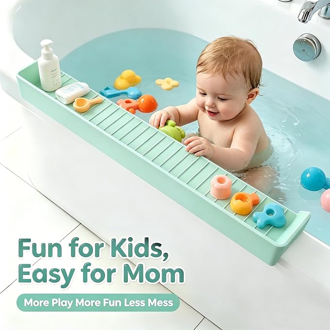 Bathtub Splash Guard with Strong Suction Cups, Silicone Splash Guard for Bathtub, Bath Toys Storage & Organizer Shelf for Kids, Flexible Water Guard for Bathroom Tub Edge and Kitchen Sinks Green