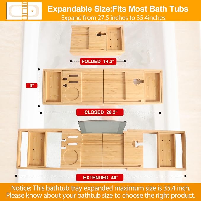 Banlilu Premium Natural Bamboo Expandable Bathtub Tray Caddy, Luxury Spa-Like Experience, Adjustable, Sturdy, Non-Slip, Foldable
