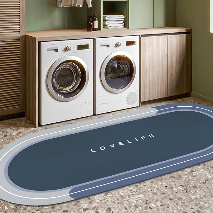 Rubber Bath mats Quick-Drying Non-Slip Bathroom mat Super Absorbent Bath mat Instant Dry Bath mat, Bathroom Rug in Front of The Kitchen Sink, Shower Room, Bathtub, Oval(Blue+17x59in)