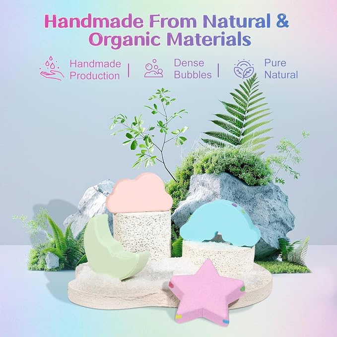 Rainbow Bath Bombs for Kids - 4 Pcs Handmade Kid Bath Bombs, Birthday Gifts for Kids Girls, Bubble Bath