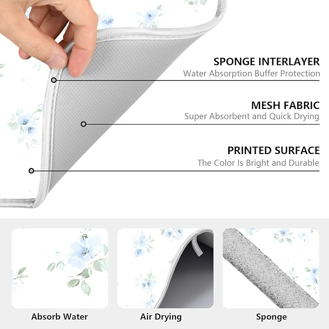 Blue Small Floral Dish Drying Mat, Absorbent Drainer Mats for Kitchen Counter Coffee Maker 24"x18"