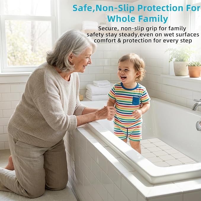 Yanzifly Non-Slip Silicone Bathtub Mat – Foldable, Machine Washable, Durable & Eco-Friendly Bath & Shower Mat with Strong Suction Cups, Large Drain Holes, Ideal for Family Use, 14.9 x 27.5in, Beige