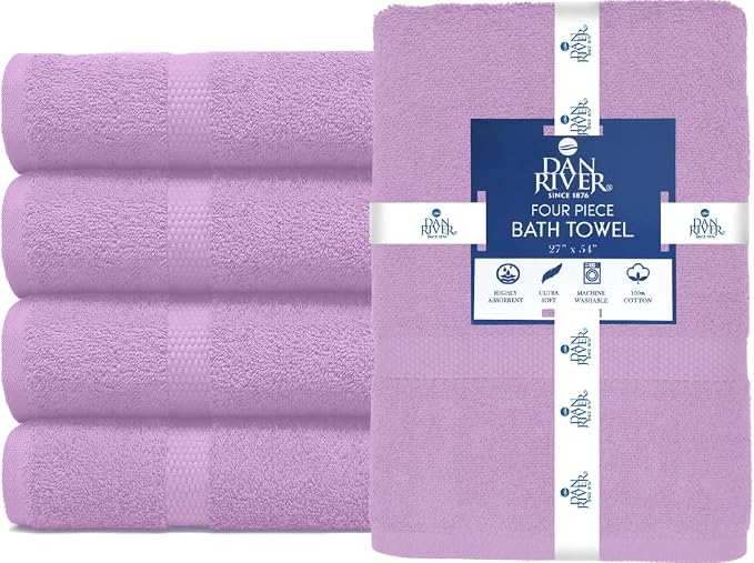 DAN RIVER Large Bath Towels Set of 4, 27 x 54 Inches, 600 GSM Larger & Lighter Weight Towels for Bathroom - Highly Absorbent & Quick Dry 100% Cotton Bath Towel Set for Home, Spa & Hotel - Lavender