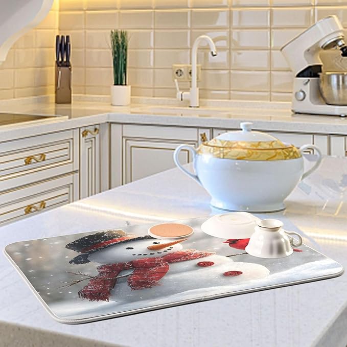 Snowman Cardinal Bird Absorbent Dish Drying Mat, Dishes Drainer Protector Pad Pot Holder for Kitchen 16 x 18 Inch