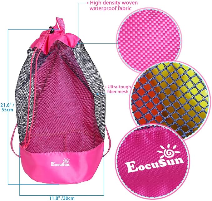 EocuSun Large Mesh Beach Bag Tote Durable Sand Away Drawstring Beach Backpack Swim and Pool Toys Balls Storage Bags Packs, Stay Away from Sand and Water, Toy Not Included