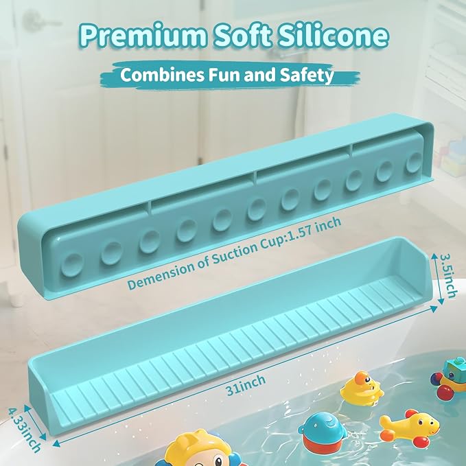 Bathtub Splash Guard for Tub Kids, 31” Longer Silicone Water Splash Guard for Bathtub,Play Shelf for Bathing with 11 Strong Suction Cups,Prevents Water Spills in Bathroom (Blue)