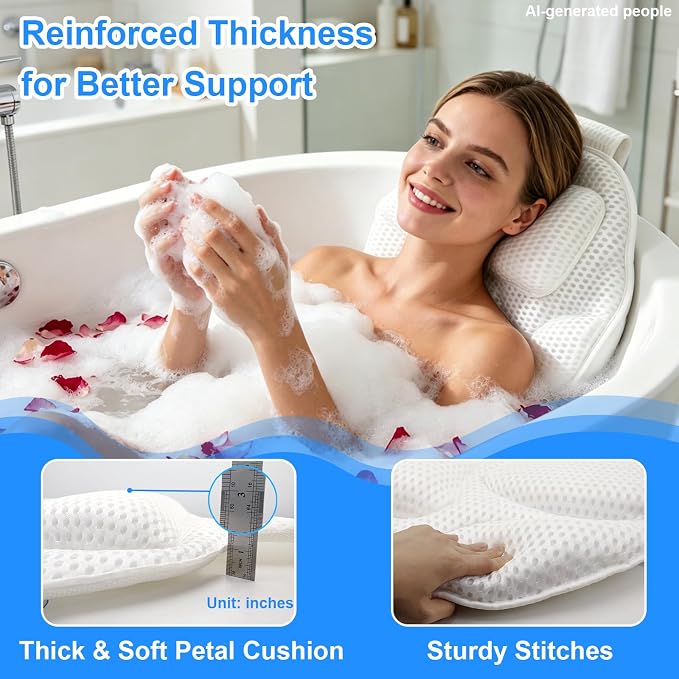 Luxury Oversized Petal-Shaped Bath Pillow for Head, Neck and Backrest, Extra Thick, Polyester, White, Anti-Slip Suction Cups, Washable, Spa Bathroom Accessories