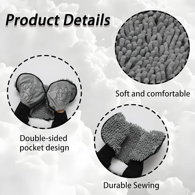 1 Pcs 30x13 Inches Super Absorbent Dog Towel, Grey Quick Drying Pet Grooming Towel with Hand Pockets, Soft Bath Towels for Shower & Bath Supplies/Dogs and Cats