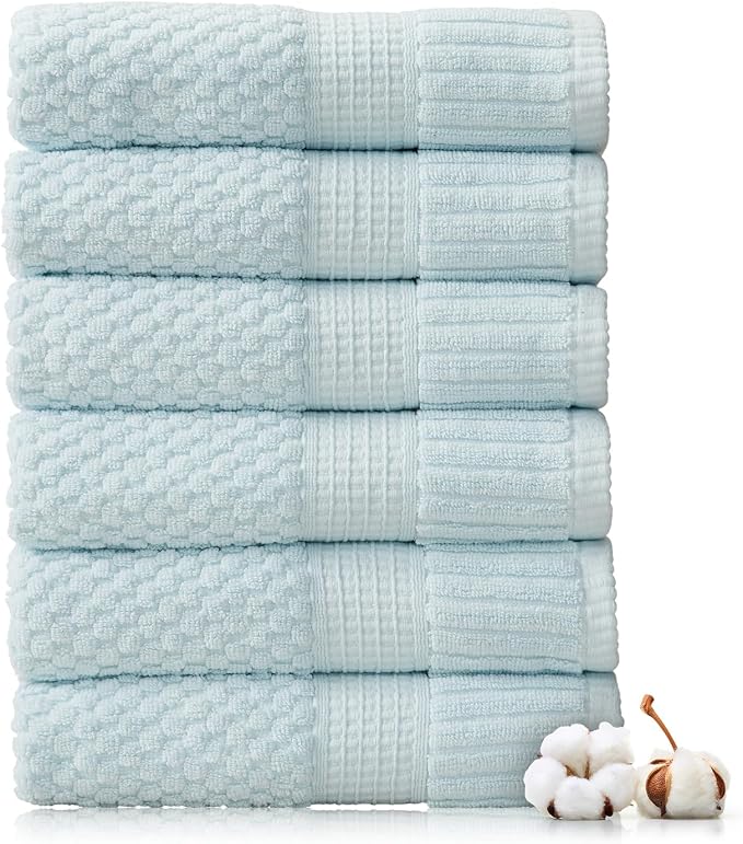 NY Loft 100% Cotton 6-Pack Hand Towel Set | Seafoam | Oeko-TEX | Quick-Dry | Six 16" x 28" Hand Towels | Super Absorbent | Designer-Styled Texture
