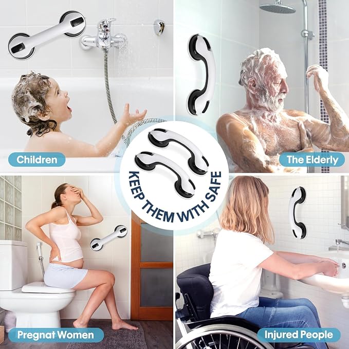 Auroras 12 Inch Grab Bars for Bathtubs and Showers with Suction Cup, Removable Shower Grab Bars for Seniors, No Drilling Heavy Duty Shower Handle for Bathroom Safety, Handicap Grab Bars,Black (2 Pack)