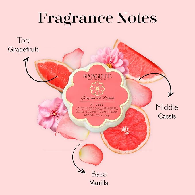 Spongellé Grapefruit Cassis Daisy Spongette Bath Sponge | Built-in Body Wash & Body Scrubber, Shower Loofah Sponge for Women, Travel Essentials | 7+ uses