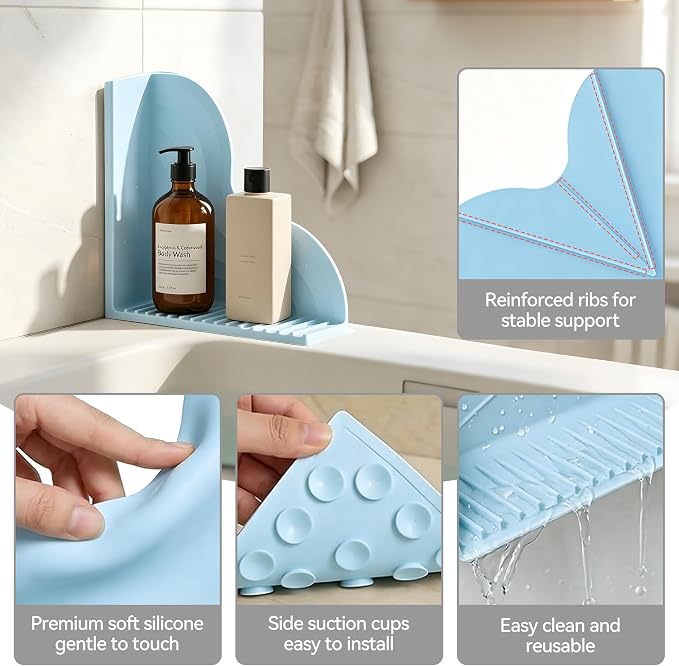 Shower Splash Guard 2-Pack – All-Silicone Bathtub Splash Guard with Strong Suction Cups, Reusable Shower Water Blocker for Bathtubs and Countertops (Blue, L-2pcs)