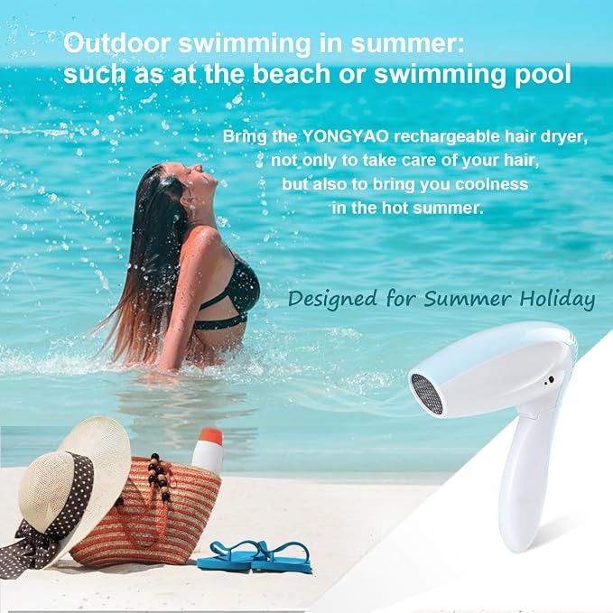 Cordless Hair Dryer - Cool Wind Battery Operated Hair Dryer - Rechargeable Portable Hairdryer for Summer, Indoor, Outdoor, Camping, Tourism (No Hot or Warm Air)
