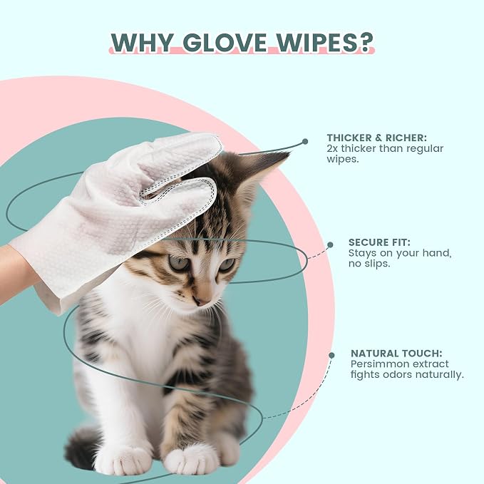 IMMHABI 100 Count Pet Glove Wipes, Cleaning & Deodorizing for Dogs & Cats, Hypoallergenic Dog Bath Wipes with Natural Persimmon Tannin, Unscented Wipes for Ears, Fur, Paws