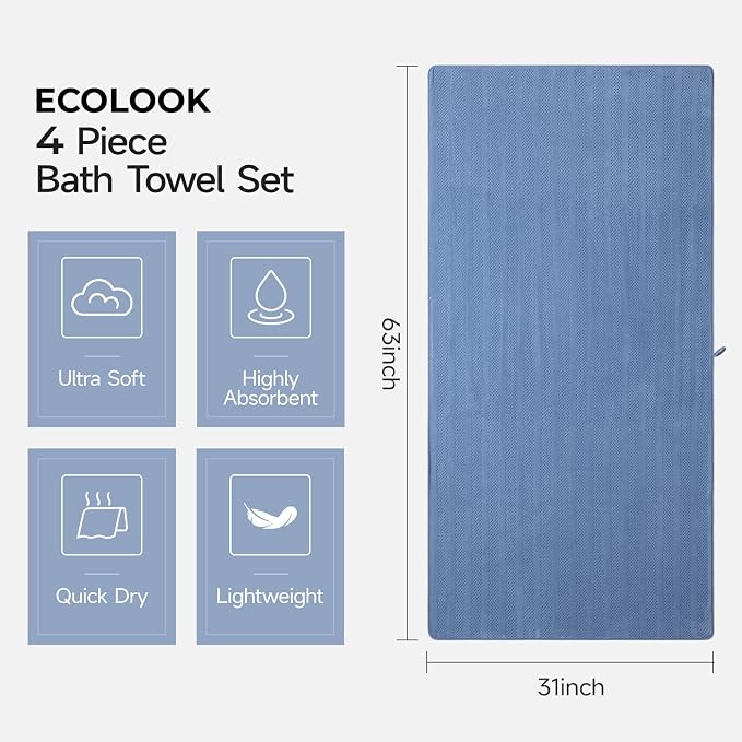 ecolook 4 Pack Microfiber Bath Towels, 31 x 63 inches Extra Large Bath Towel Set, Super Soft Highly Absorbent Bath Towels Set of 4, Quick Dry Lightweight Bathroom Towels for Spa, Pool, Gym, Navy