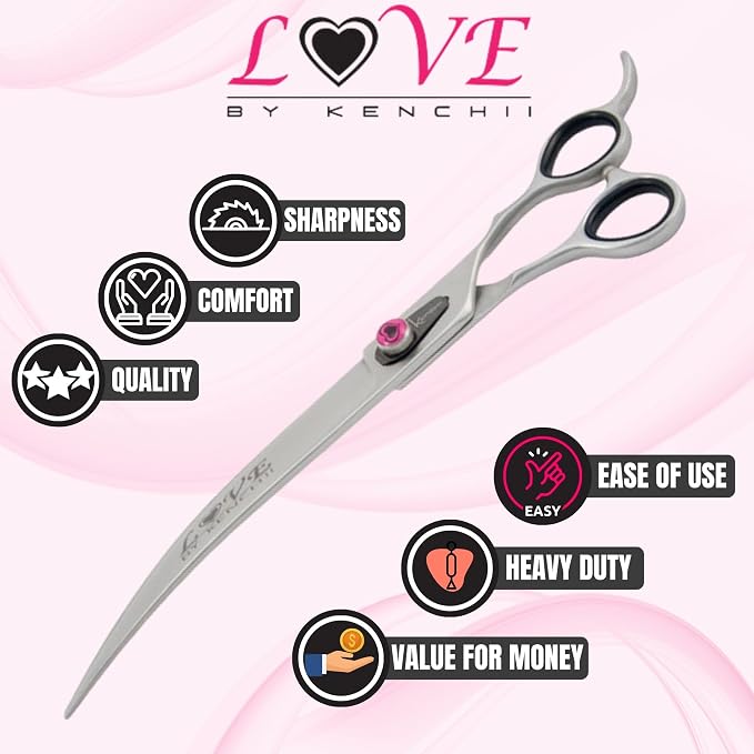 Kenchii Love Dog Grooming Scissors, 9 Inch Curved Shears, Dog Scissors for Grooming, Professional Pet Grooming Scissors, Ergonomic & Comfortable