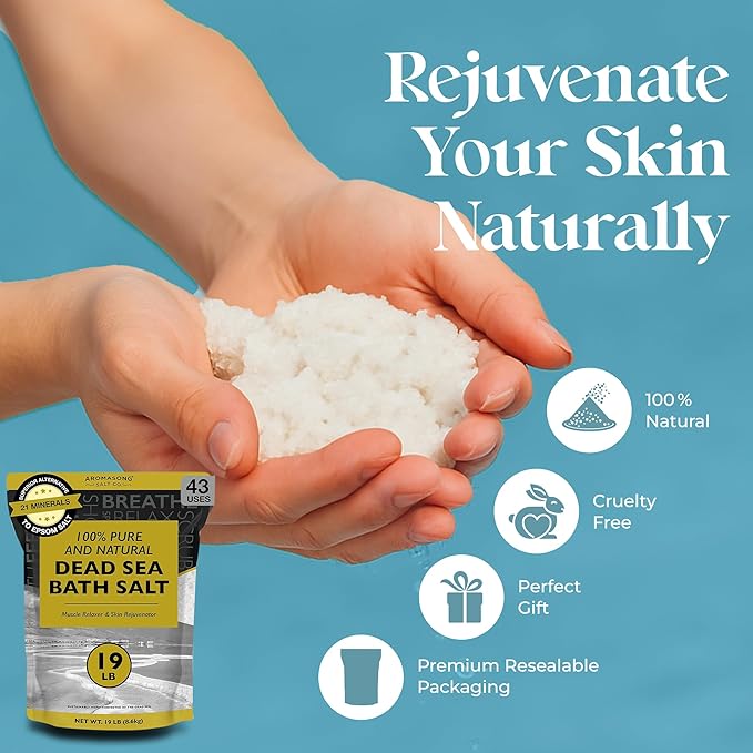 Aromasong Dead Sea Bath Salt - 100% Pure & Natural Dead Sea Salts for Soaking Coarse Grain 19 LB - Bulk Resealable Pack (Packaging May Vary) Used for Body wash Scrub - Soak for Women & Men.