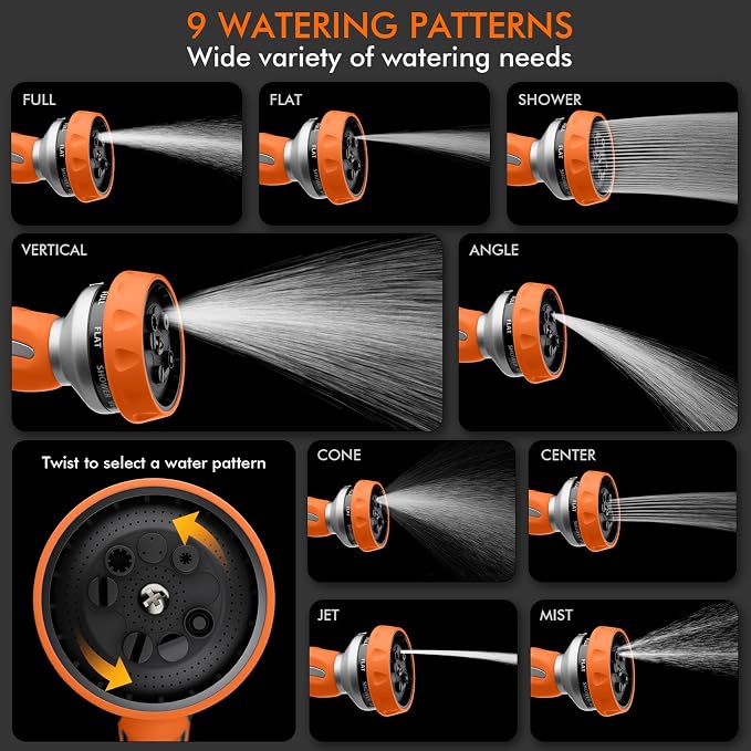 RESTMO Hose Nozzle Heavy Duty, Metal Water Hose Sprayer for Garden | 9 Spray Patterns, High Pressure, Thumb Flow Control, On/Off Valve, Ideal for Outdoor Lawn & Plant, Car & Pet, Orange