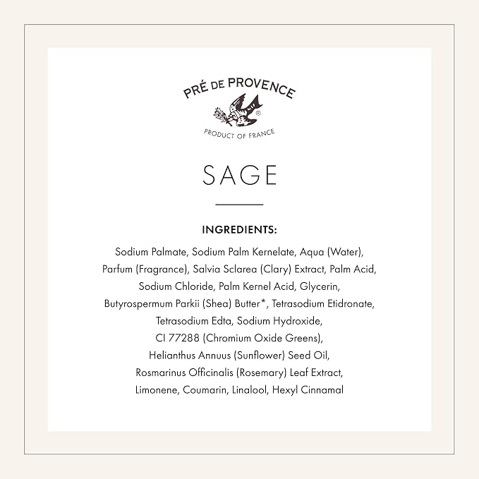 Pre de Provence Artisanal Soap Bar, Enriched with Organic Shea Butter, Natural French Skincare, Quad Milled for Rich Smooth Lather, 8.8 Ounce, Sage