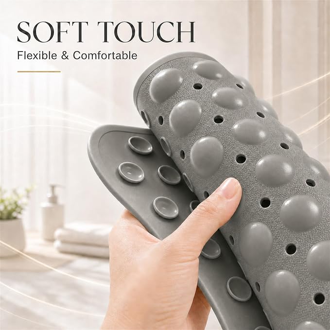 Bathtub Mat Non Slip, Odor-Free TPE with Suction Cups, Grey,27.5’’ x 16’’ | Soft shower bath mat with quick-drain holes and machine-washable care for clean, smooth tub surfaces; light and easy to lift.
