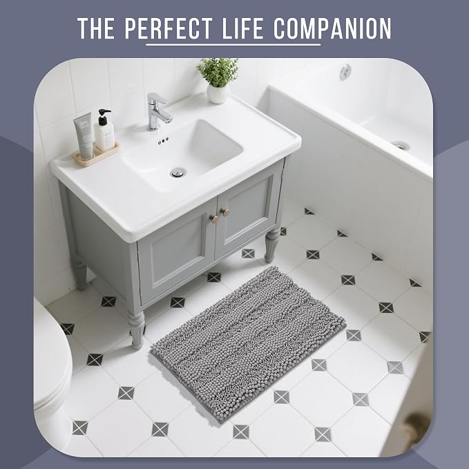Yimobra Bathroom Rug Mat, Non Slip and Super Absorbent Bath Mat, Machine Washable Quick Dry, Ultra Plush Chenille Shower Rugs for Bathroom Floor Sink Tub and Shower Outside, Gray, 24 x 17