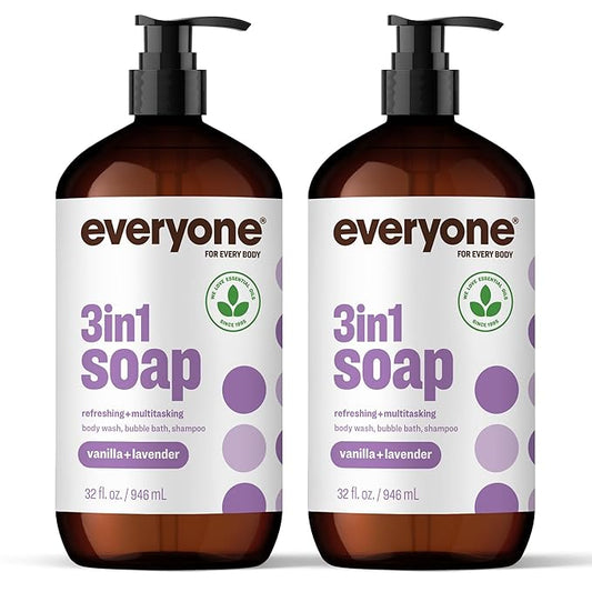 Everyone 3-in-1 Soap, Body Wash, Bubble Bath, Shampoo, 32 Ounce (Pack of 2), Vanilla and Lavender, made with Essential Oils for Men and Women