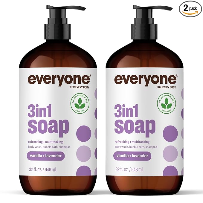 Everyone 3-in-1 Soap, Body Wash, Bubble Bath, Shampoo, 32 Ounce (Pack of 2), Vanilla and Lavender, made with Essential Oils for Men and Women