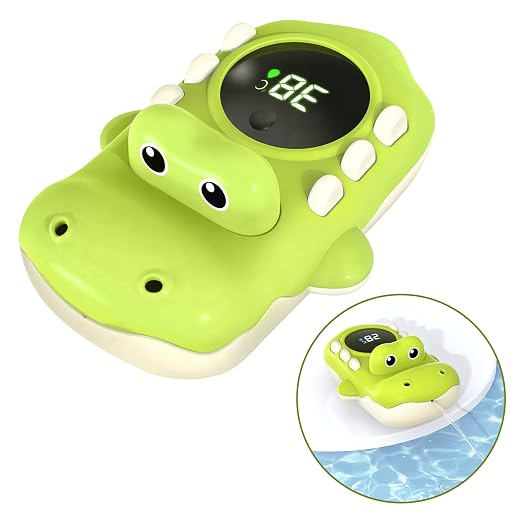 Baby Bath Thermometer - Alligator Shaped Digital Floating Water Thermometer with LED Display & Water Spray Gift for Infants Newborns Toddlers, Waterproof Bath Tub Sensor with Color Alerts