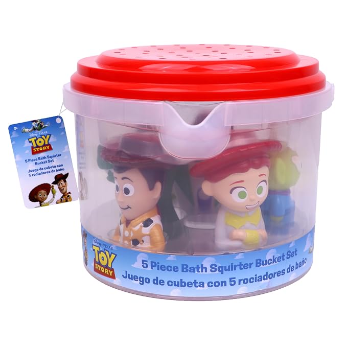 Disney Toy Story- 5 Piece Jumbo Squirter Bucket - Bath Toys for Baby and Toddlers - Includes Organizer Bucket - Store Bath Time Water Toys