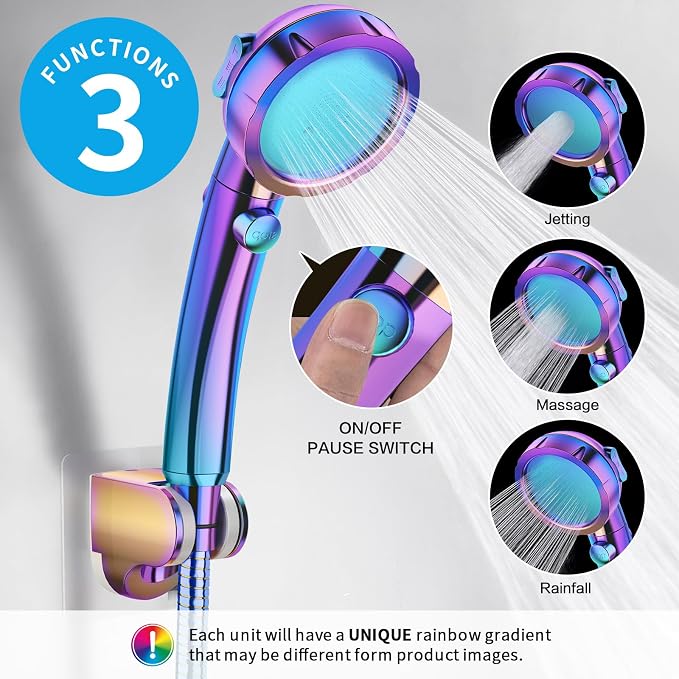 KAIYING Drill-Free High Pressure Handheld Shower Head with ON/OFF Switch, 3 Spray Modes - Polished Finish, Shower Head (Radiant Rainbow) + Bracket + Hose