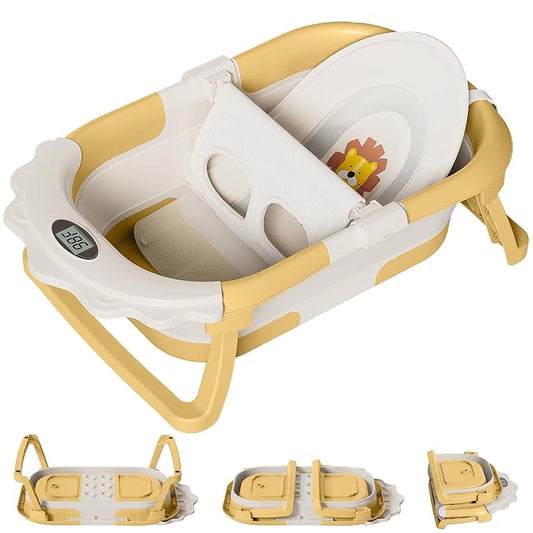 TPN Collapsible Baby Bathtub for Infants to Toddler with Real-time Temp Monitor+Floating Cushion 1 (Yellow, Little Lion)