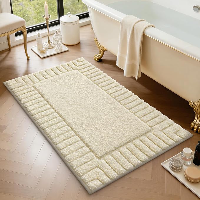 LUMI Bathroom Rugs Non Slip with Rubber Backing, Extra Soft Plush Microfiber Bath Rug Absorbent, Machine Washable Bath Mat Quick Dry for Tub, Shower, Ivory White, 16"x24"
