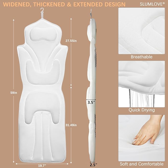 Full Body Bath Pillow for Bathtub - Thick Bathtub Cushion, Bathtub Pillow with 114 Suction Cups, 5D Air Mesh Bath Pillows for Tub Full Body, Head Neck Back Support, White 59 x 20 in