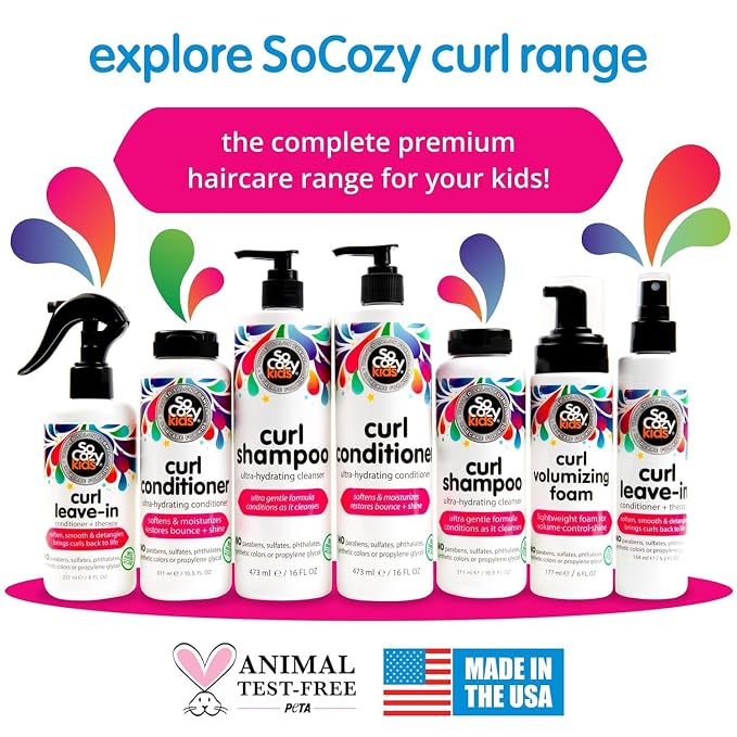 SoCozy Curl Shampoo for Kids Curly Hair (16 Fl Oz Pump) Gentle Hydrating Cleanser,Helps Improve Elasticity,Reduce Breakage&Frizz with Keratin,Plum Seed Oil&Olive Oil,Paraben-&Sulfate-Free,(Pack of 2)