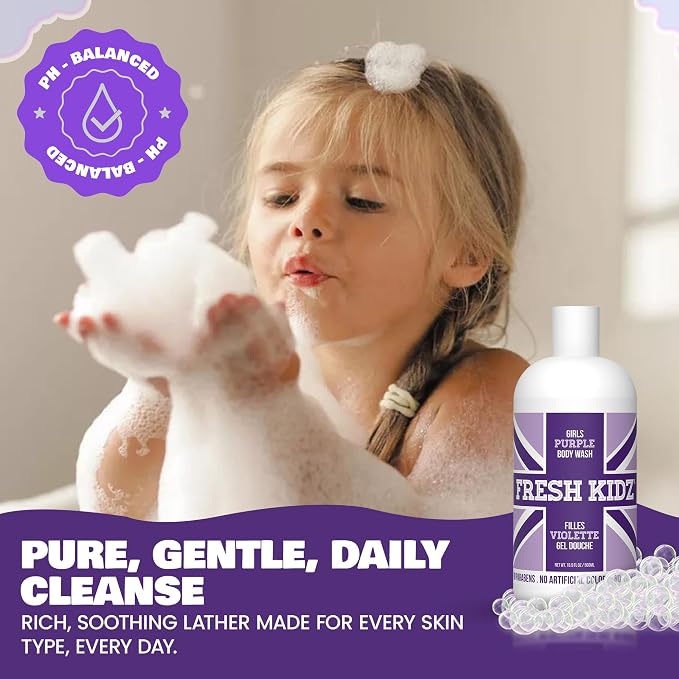 Fresh Kidz Body Wash for Kids and Teens - Gentle Bath and Shower Cleanser for All Skin Types - Girls Purple, 16.9 Fl. oz.