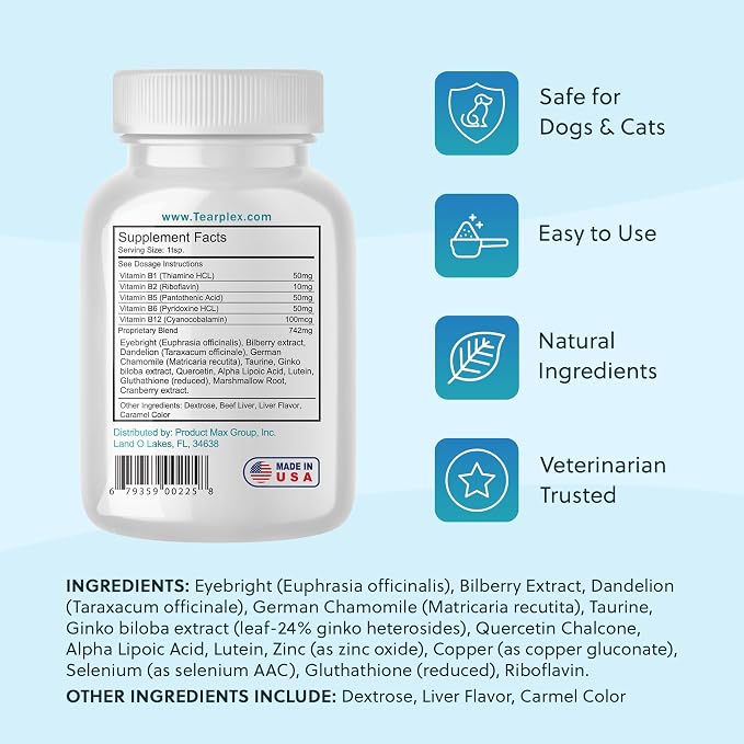 Tear Stain Remover for Dogs and Cats | Natural Supplement Suitable for All Breed Types | Pet Tear Stain Remover Powder | Made with Natural Ingredients | Beef Flavored - 6 Pack