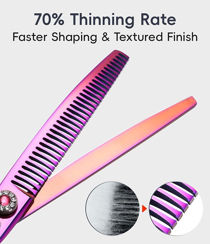 Professional Dog Grooming Scissors Pet Curved Chunker Shears 7.0'' Extremely Sharp Blades 440C Steel Thinning Scissors Durable Smooth Motion & Fine Cut for Dogs and Cats (Multicolored)