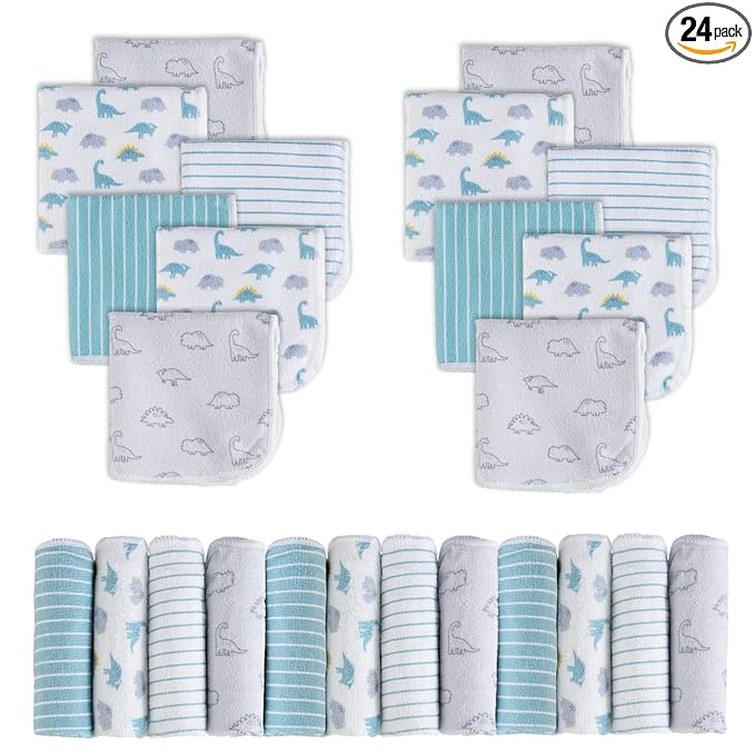 Viviland Baby Washcloths, 24Pack Baby Wash Cloths for Newborn, Baby Towels and Infant Bath Face Washcloths for Boys Girls Super Soft Absorbent, Gentle on Sensitive Skin Body, 9x9 Dinosaur