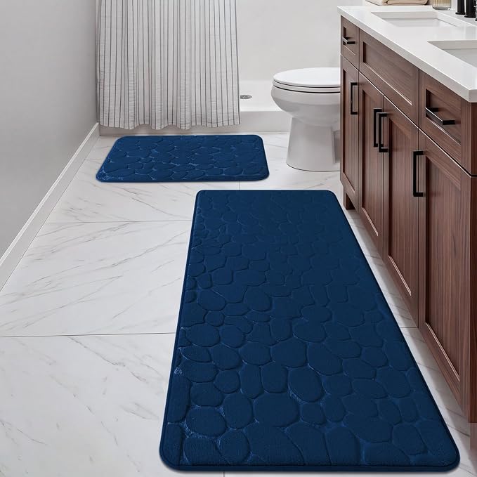 YIHOUSE Bathroom Rugs Mat Set, Memory Foam Bath Mat 2 Piece Navy Blue | 17x24&20x46, Non Slip, Water Absorbent, Washable, Bath Mat For Bathroom, Sink and Toilet