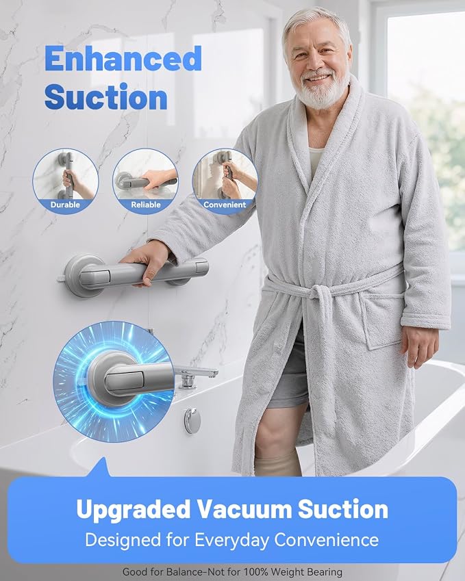 JOTPE 2 Pack Removable Suction Shower Handle, No Drilling Bathroom Handle with Locking Latches, Reusable for Shower, Bathtub, Tile, Glass and Other Smooth Non-Porous Surfaces, Grey