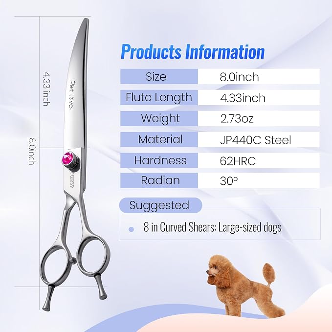 Curved Scissors for Dog Grooming Professional 8 inch Long Downward Curved Shears for Poodle Large Dogs Pet 30°Japanese 440C Stainless Steel Right Handed(8.0'',Curved)