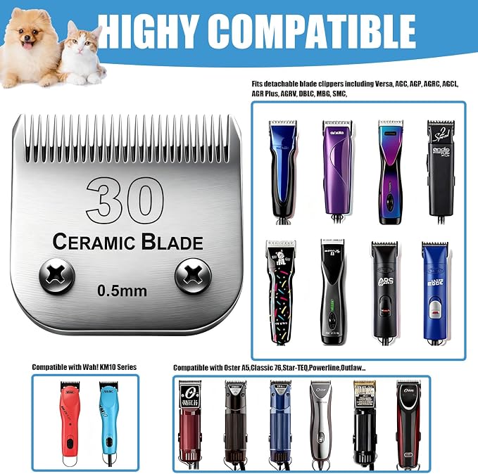 Dog Grooming Replacement Blades Compatible with Andis Dog Clipper, Dog Clipper Blades Compatible with Oster A5,Wahl KM-10 Series Dog Clipper,#30 Blades (0.5mm)