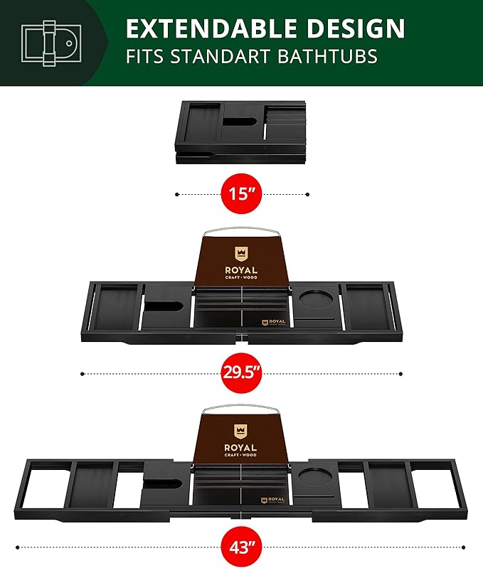 ROYAL CRAFT WOOD Premium Foldable Bathtub Tray Caddy - Wood Bath Tray for Tub, Bamboo Shelf, Expandable Bath Table Trays, Bathtub & Bathroom Accessories for New Home & Mothers, Birthday Gifts for Mom