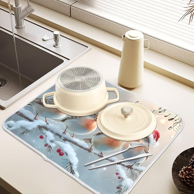 Christmas Birds Singing Dish Drying Mat, Absorbent Drainer Mats for Kitchen Counter Coffee Maker 18"x16"