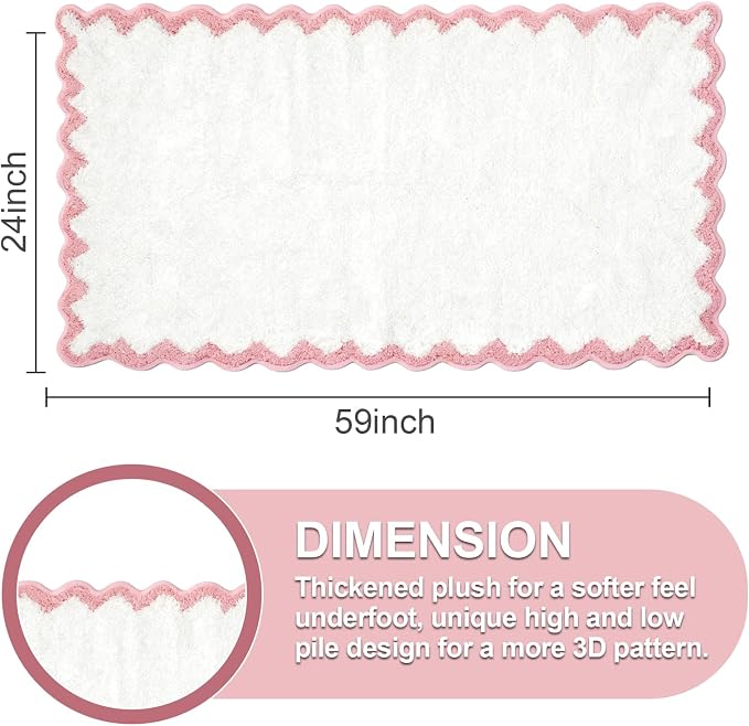 ORTIGIA Long Cute Scalloped Bathroom Rugs Runner, Fun Pink Plush Microfiber Scallop Bath Mats Non Slip Washable Quick Dry Absorbent, Rug Carpet for Bathtub Sink Laundry Room Bedroom, 24x59