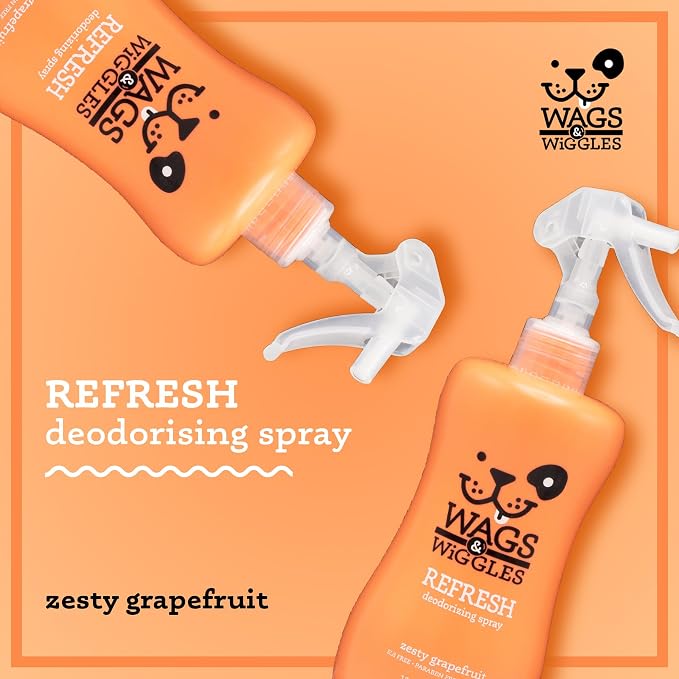 Wags & Wiggles Refresh Dog Deodorizing Spray in Zesty Grapefruit Scent - Long Lasting Dog Grooming Deodorizer Spray - Easy to Use to Combat Smelly Pet Odors, 12 Fl Oz