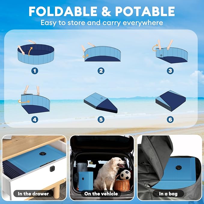 Extra Large Foldable Dog Pool for Giant Dogs, 120” Collapsible Hard-Side Dog Swimming Pool, Leakproof PVC Portable Pet Bath & Kiddie Pool, Non-Slip Bottom, Outdoor Backyard, Blue