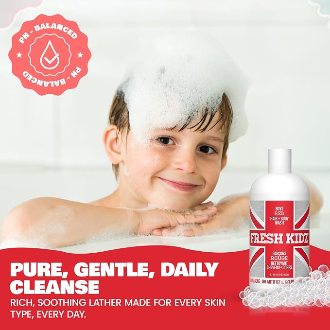 Fresh Kidz Boys Red Body Wash & Shampoo, 16.9 fl oz – Aluminum & Baking Soda Free Kids Body Wash for Boys, Teens & Tweens, Gentle Daily Cleanser for Sensitive Skin, Fresh Woody Musk Scent