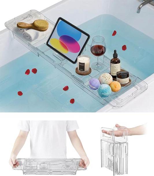 Bathtub Caddy Tray,Adjustable Bathtub Tray Table, Bath Organizer for Relaxing Spa-Features 2 Cup Holders, A Phone Stand with 5 Angle Adjustments,Non-Slip Silicone Pads,Won't Get Moldy,Easy to Clean.